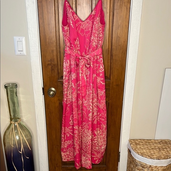 As U Wish Pants - Tropical Floral Vacation Beach Resort Jumpsuit in Pink | Women's L